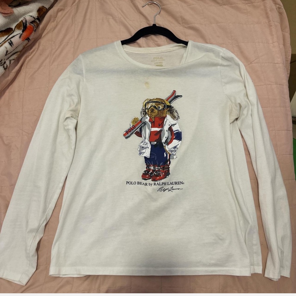 Woman’s white polo Ralph Lauren polo bear long sleeve 🐻